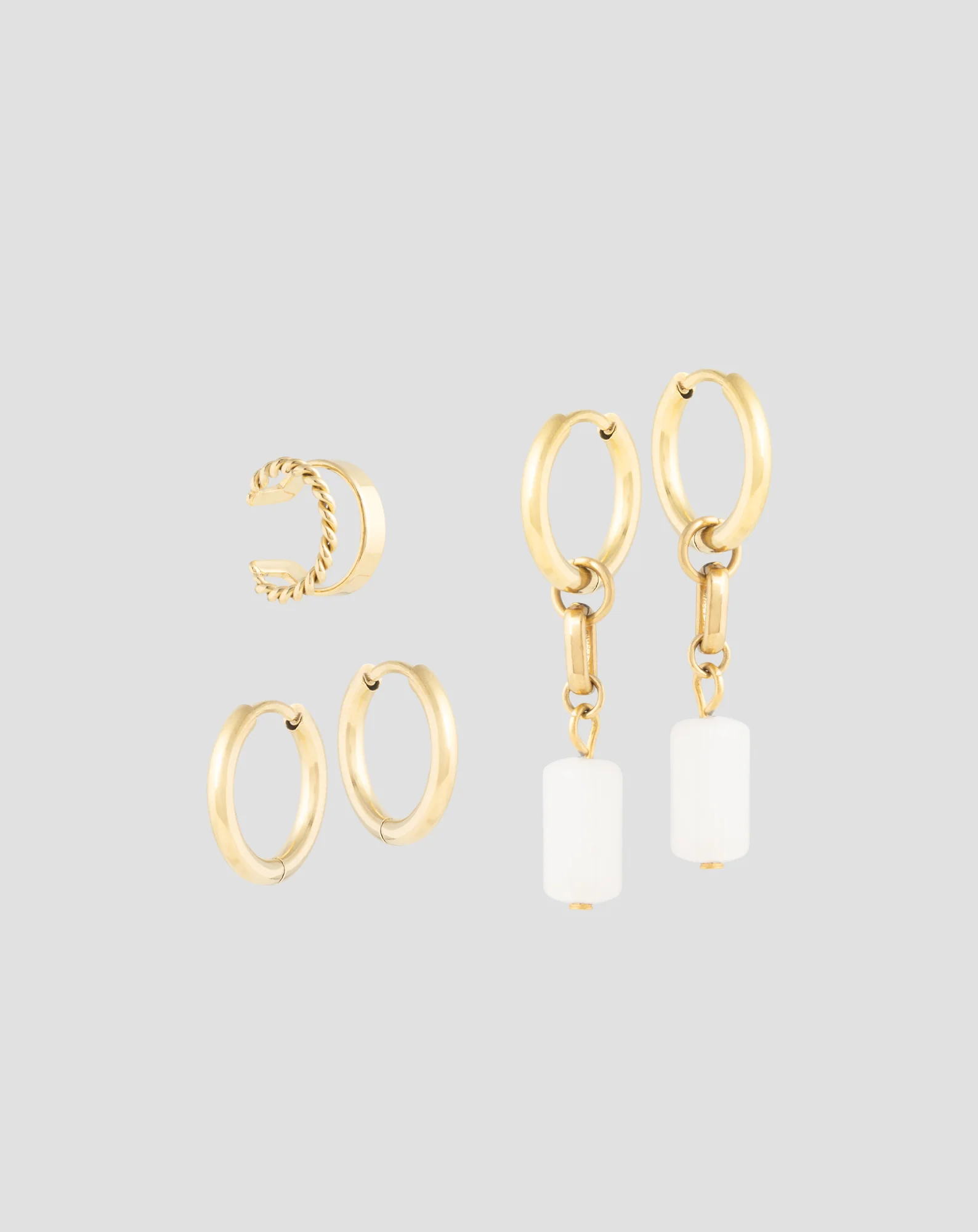 Boucles d’oreilles dorées à l’or fin avec pierres naturelles jade blanc set de boucles d’oreilles My