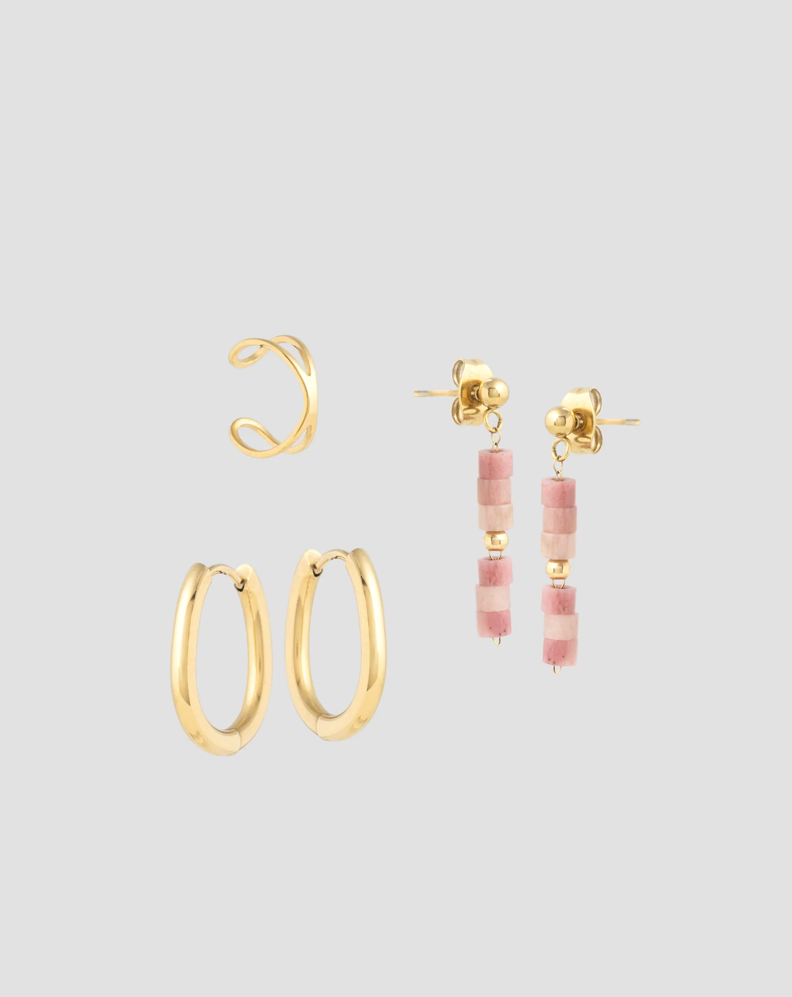Boucles d’oreilles dorées à l’or fin avec pierres naturelles jade rose set de boucles d’oreilles Mys