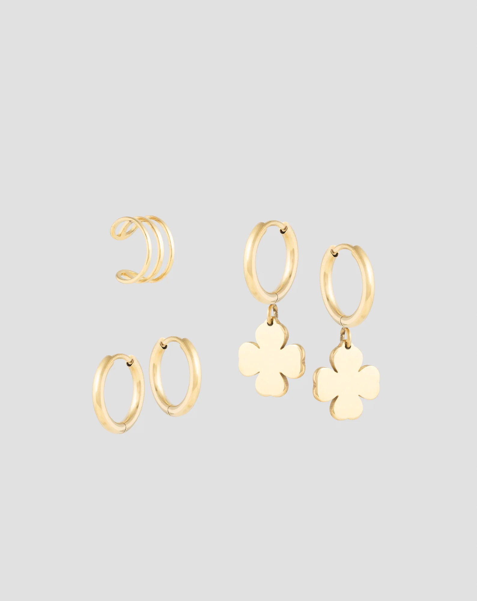 Boucles d’oreilles dorées à l’or fin créoles trèfles ear cuff set de boucles d’oreilles Mys