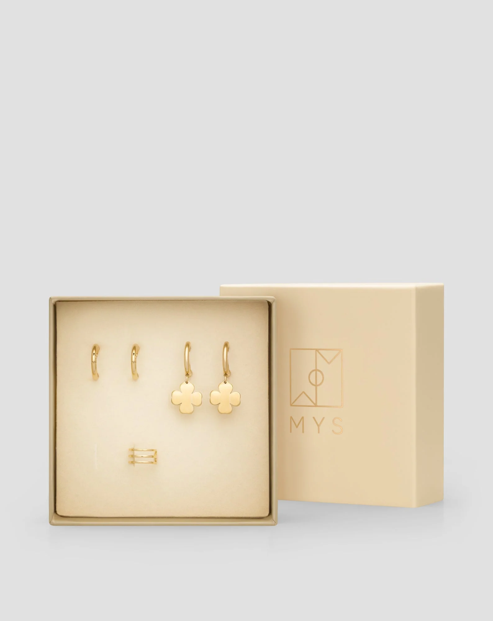 Boucles d’oreilles dorées à l’or fin créoles trèfles ear cuff set de boucles d’oreilles Mys - Image 5
