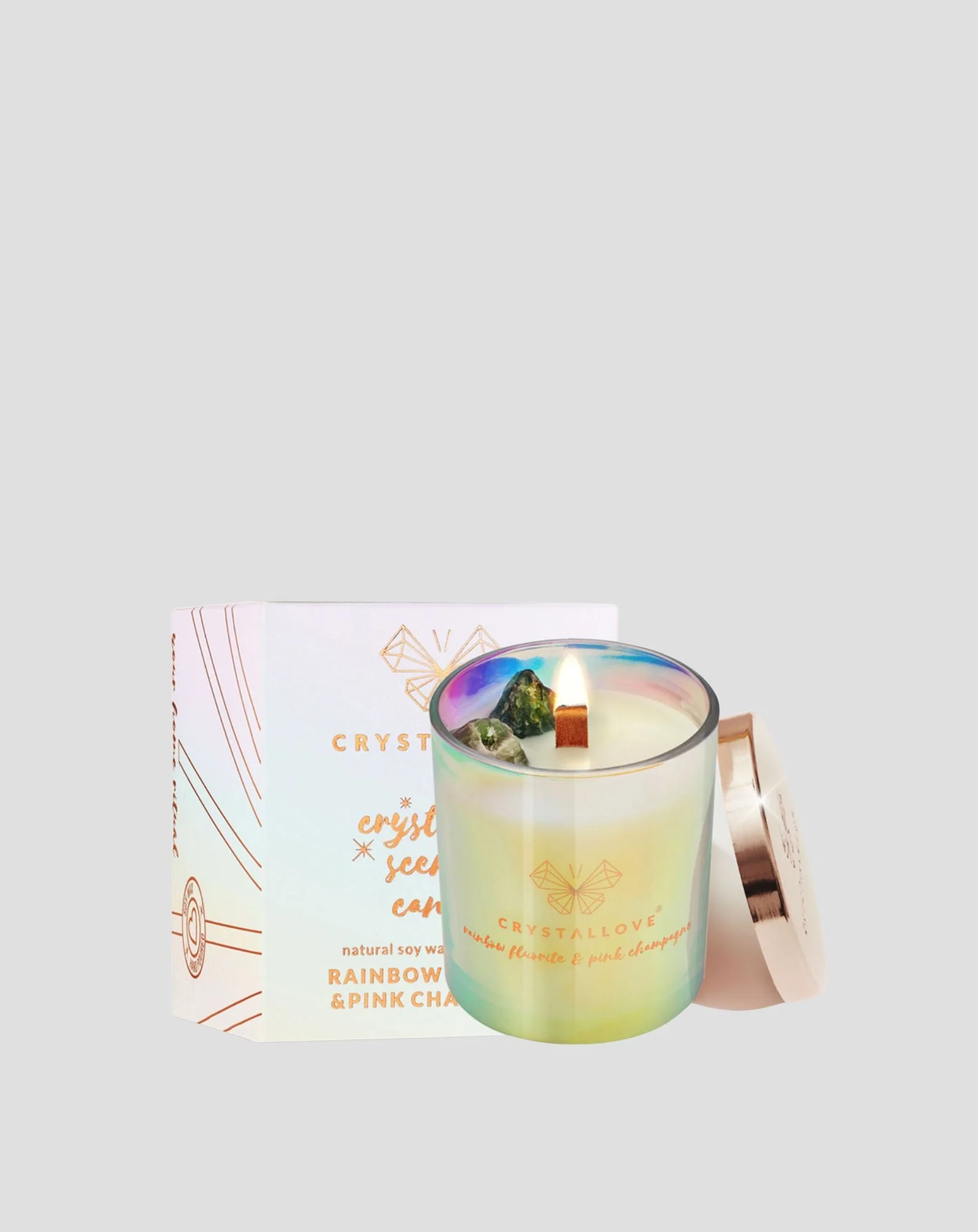 Bougie de soja avec fluorine arc-en-ciel et champagne rose dans un récipient en verre Crystallove - Image 3