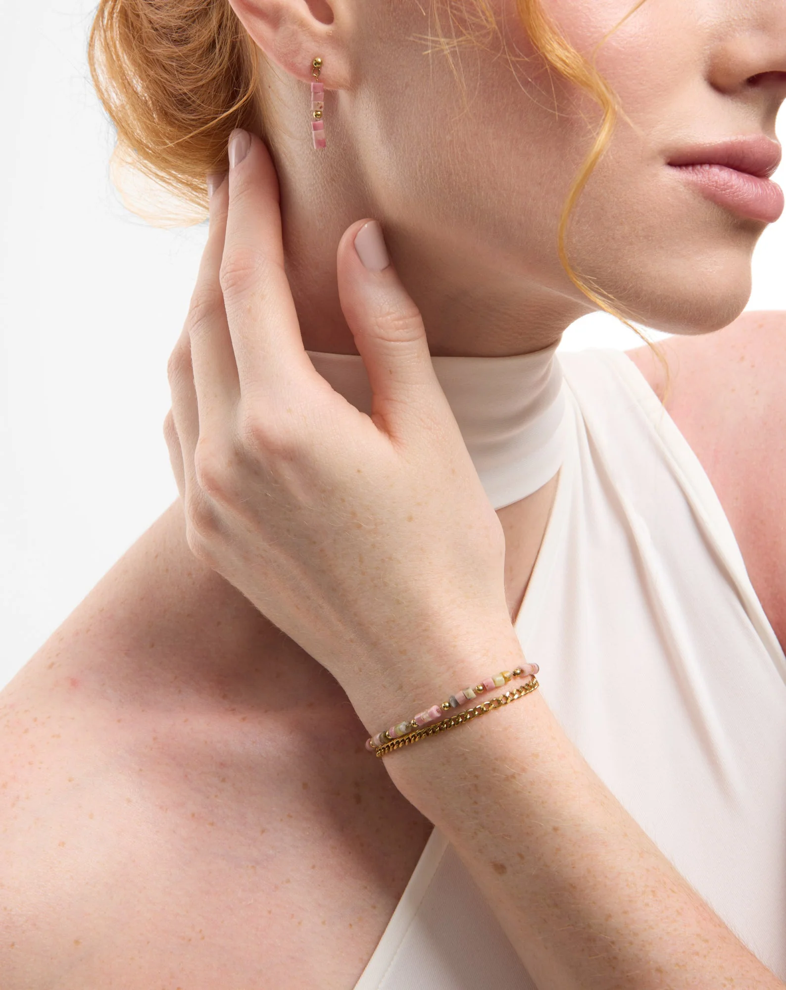 Bracelet plaqué or avec pierres naturelles rose et jade citron Mys - Image 3