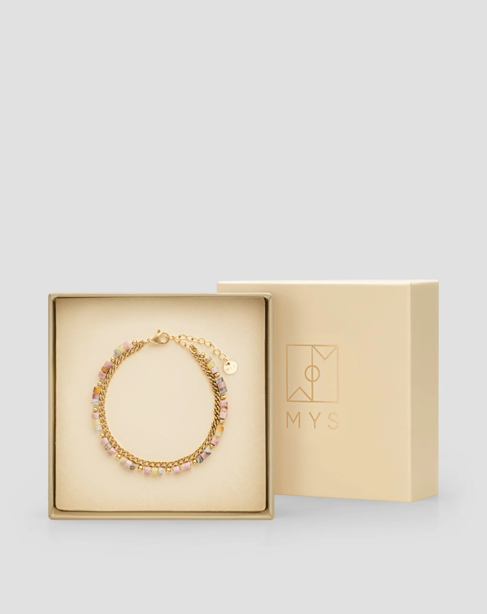 Bracelet plaqué or avec pierres naturelles rose et jade citron Mys - Image 5