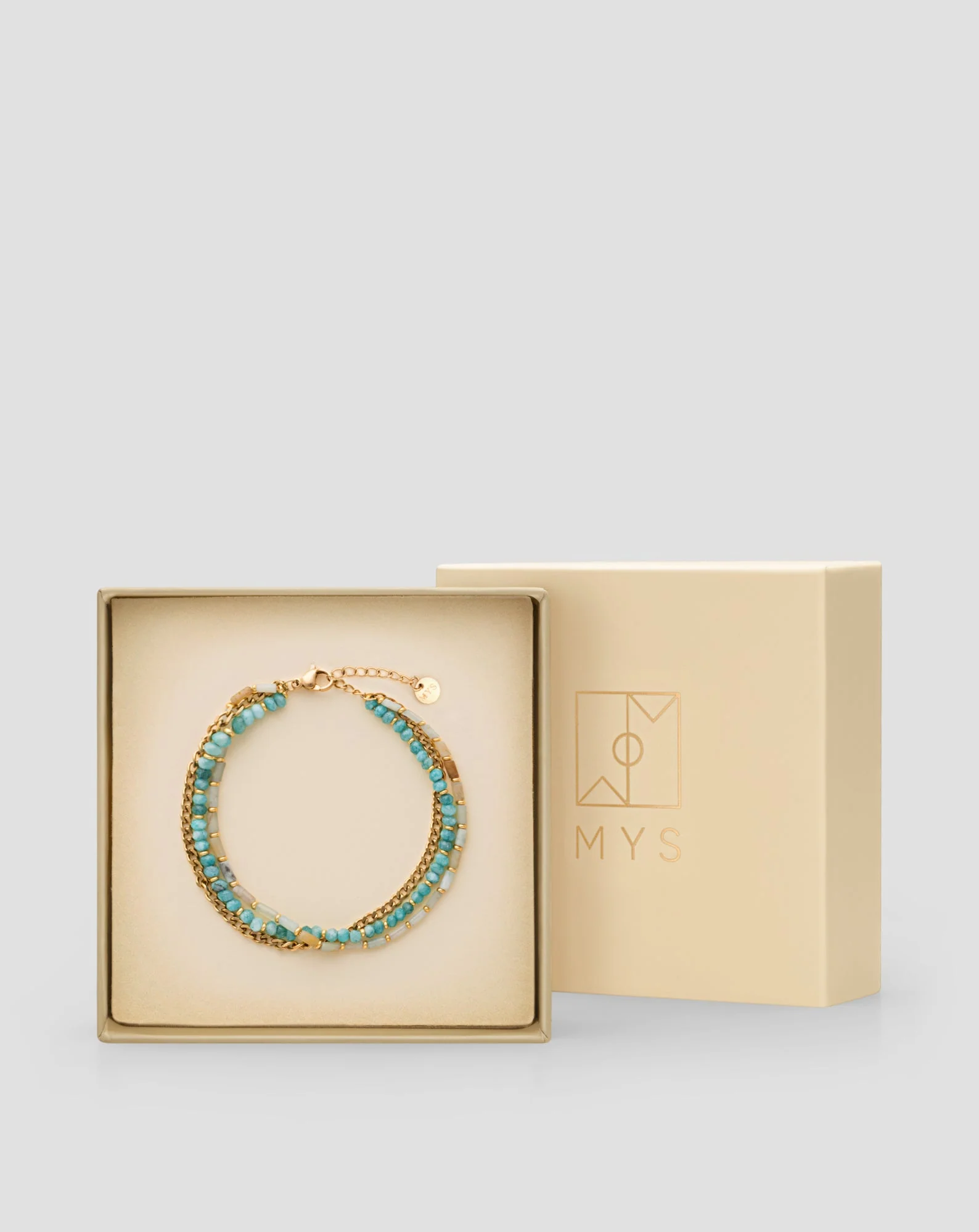 Bracelet plaqué or avec pierres naturelles turquoise africaine et amazonite Mys - Image 4