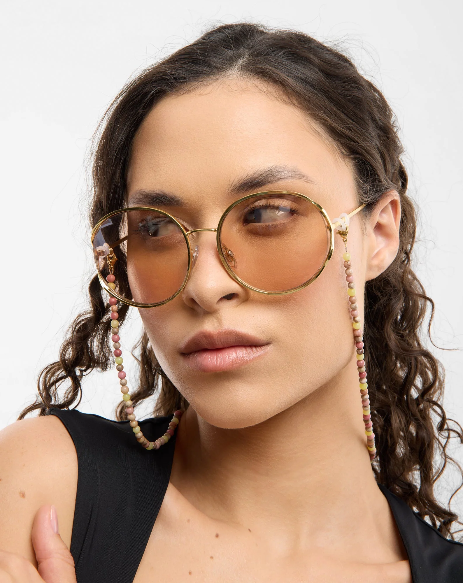 Chaîne à lunettes en pierre naturelle rose et jade citron Mys - Image 3