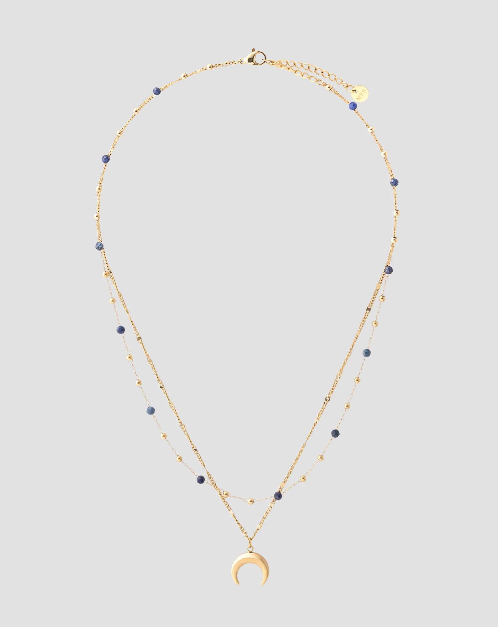 Collier en pierre naturelle lapis lazuli plaqué or avec croissant de lune Mys