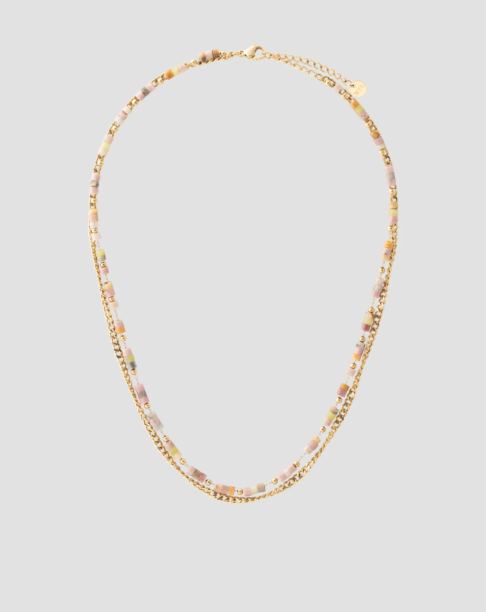 Collier plaqué or avec pierres naturelles rose et jade citron Mys