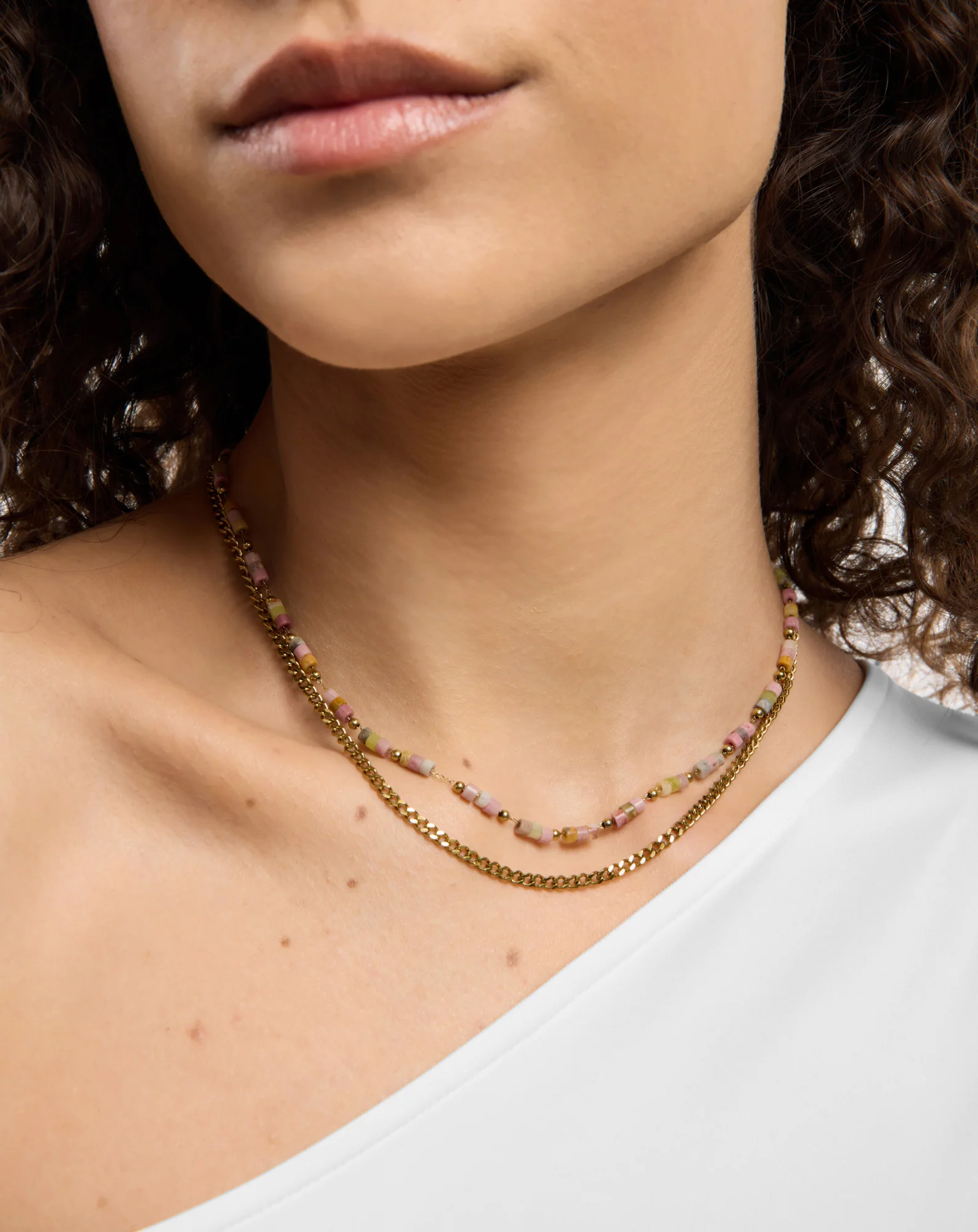 Collier plaqué or avec pierres naturelles rose et jade citron Mys - Image 2