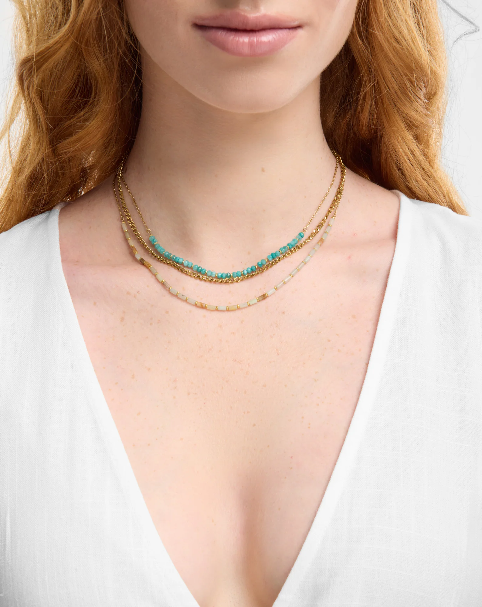 Collier plaqué or avec pierres naturelles turquoise africaine et amazonite Mys - Image 2