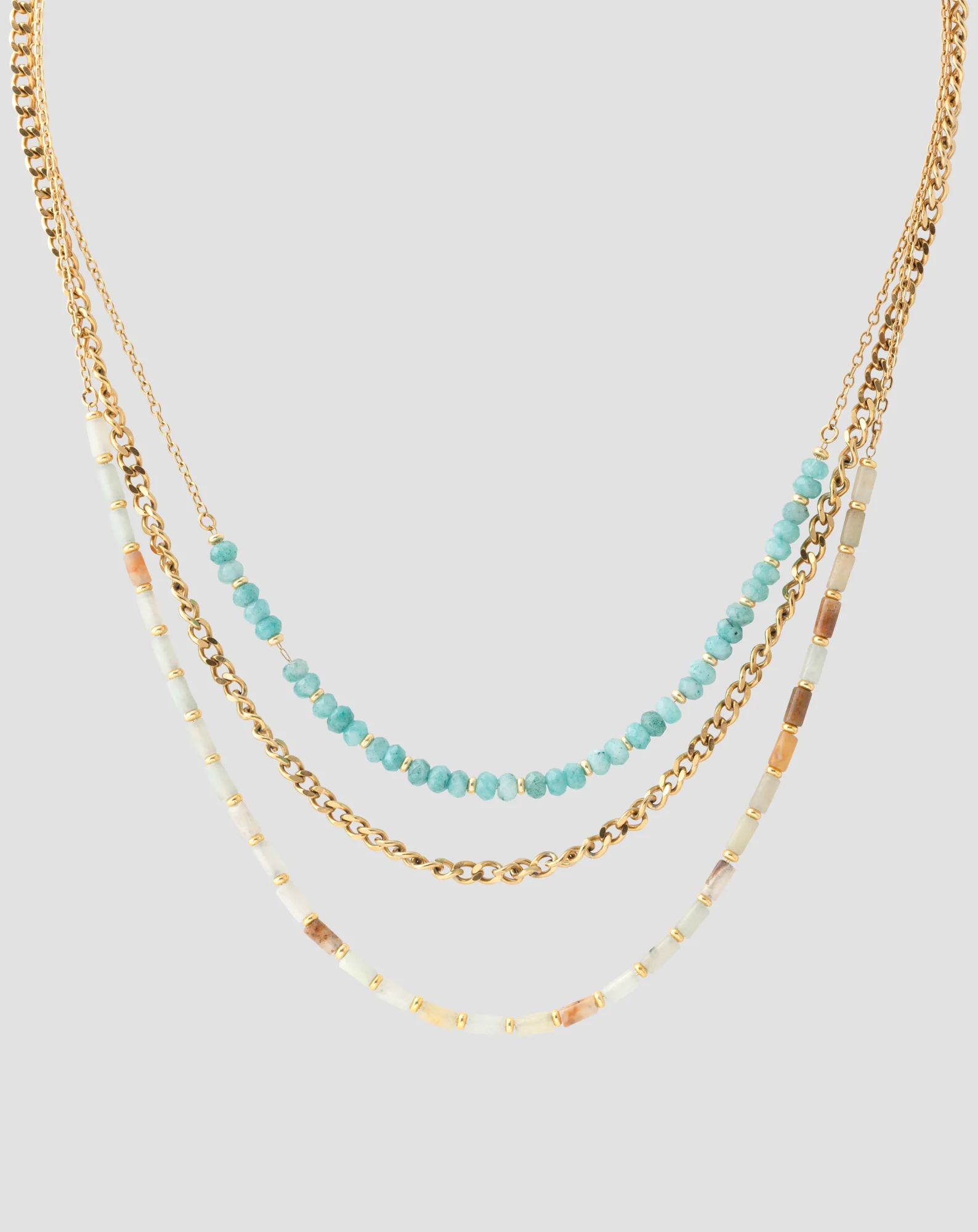 Collier plaqué or avec pierres naturelles turquoise africaine et amazonite Mys - Image 5