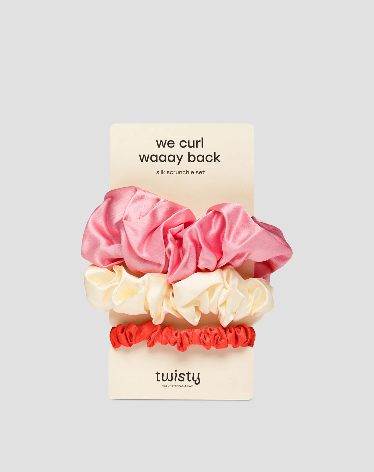 Lot de 3 chouchous Twisty en soie 100% naturelle - rose, crème, rouge