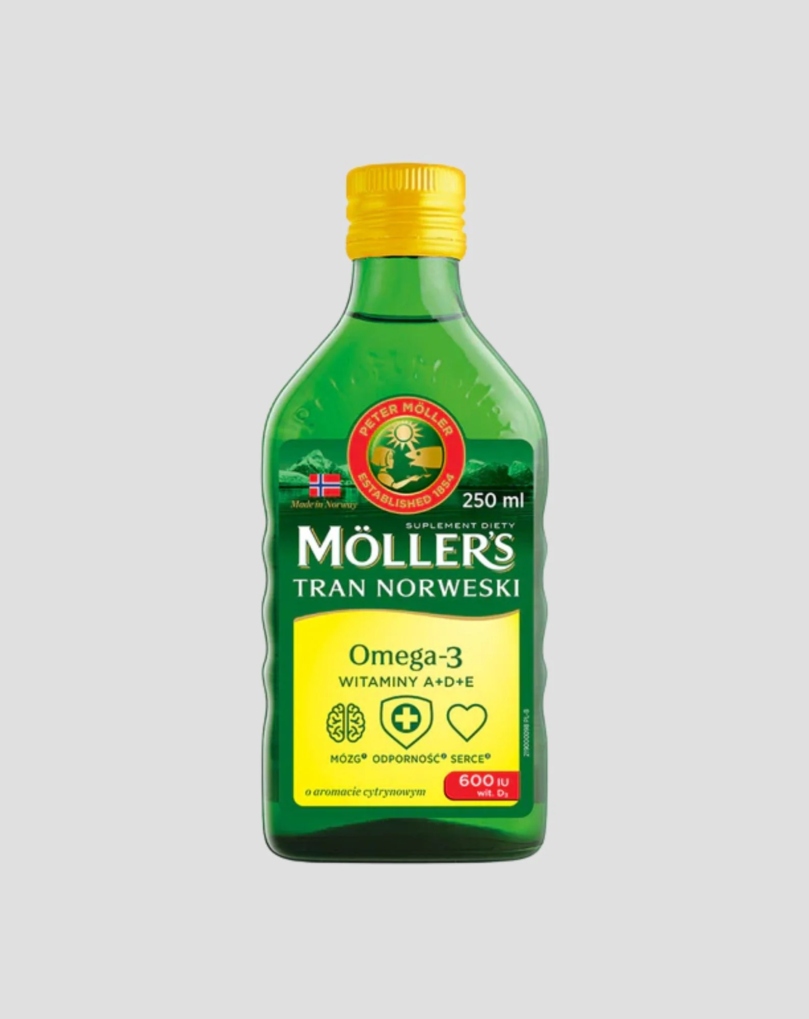 Moller's Norwegian Lemon Flavoured Trank with 600 IU Vitamin D3 (Trank norvégien aromatisé au citron avec 600 UI de vitamine D3)
